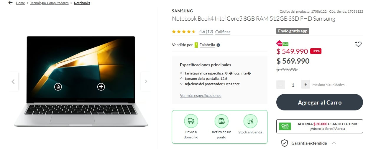 La tienda de Falabella ofrece una notebook Samsung Book4 Intel Core5 a un precio promocional de $549.990 chilenos.