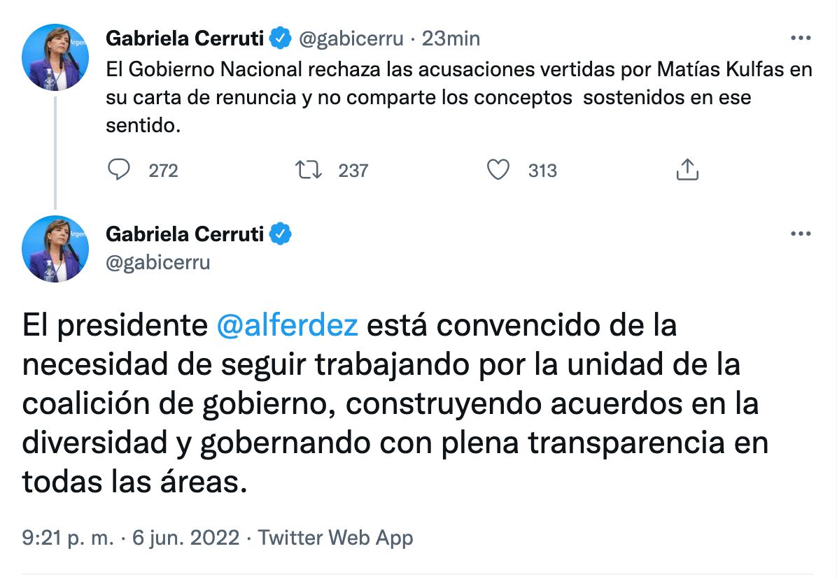 Gabriela Cerruti salió a despegar al Gobierno de la acusaciones de Kulfas en su carta de renuncia.