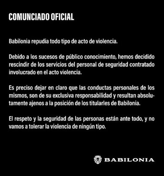 Comunicado oficial que realizó la discoteca Babilonia sobre la brutal golpiza que recibió un joven a manos de personal de seguridad. Foto: Babilonia / Redes