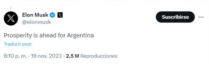 El multimillonario envió un mensaje tras la consagración de Javier Milei como presidente.