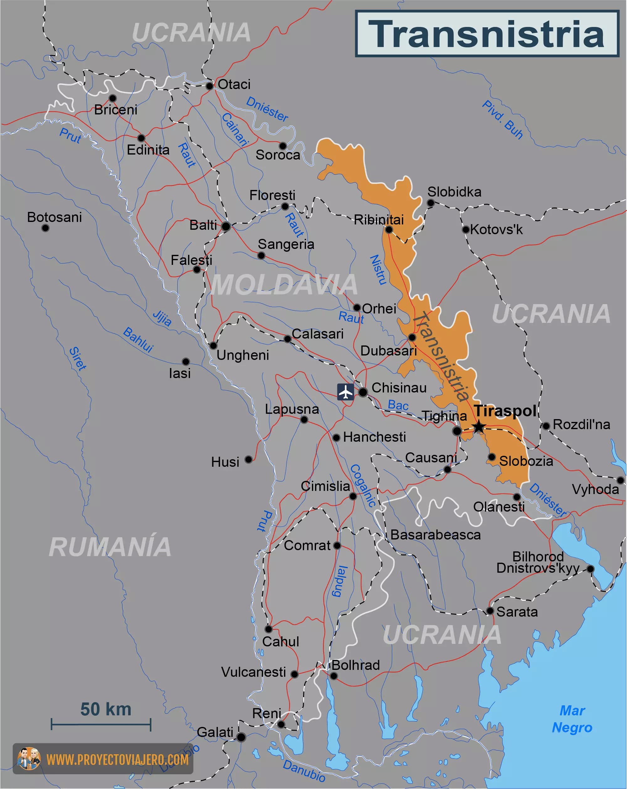 Mapa Transnistria, entre Moldavia y Ucrania bajo control de Rusia. / Proyectoviajero.com