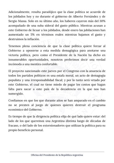 Comunicado de la Oficina del Presidente. Captura: X / @OPRArgentina