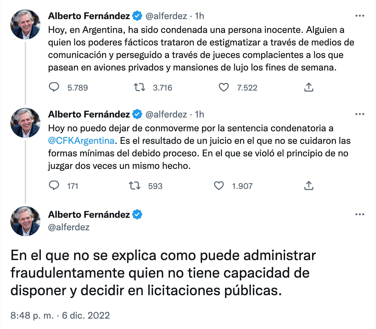 Mensaje del presidente Alberto Fernández tras la conde a Cristina Kirchner. Fuente: Twitter