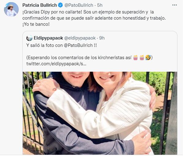 El mensaje que compartió Bullrich por la foto que subió El Dipy a sus redes.