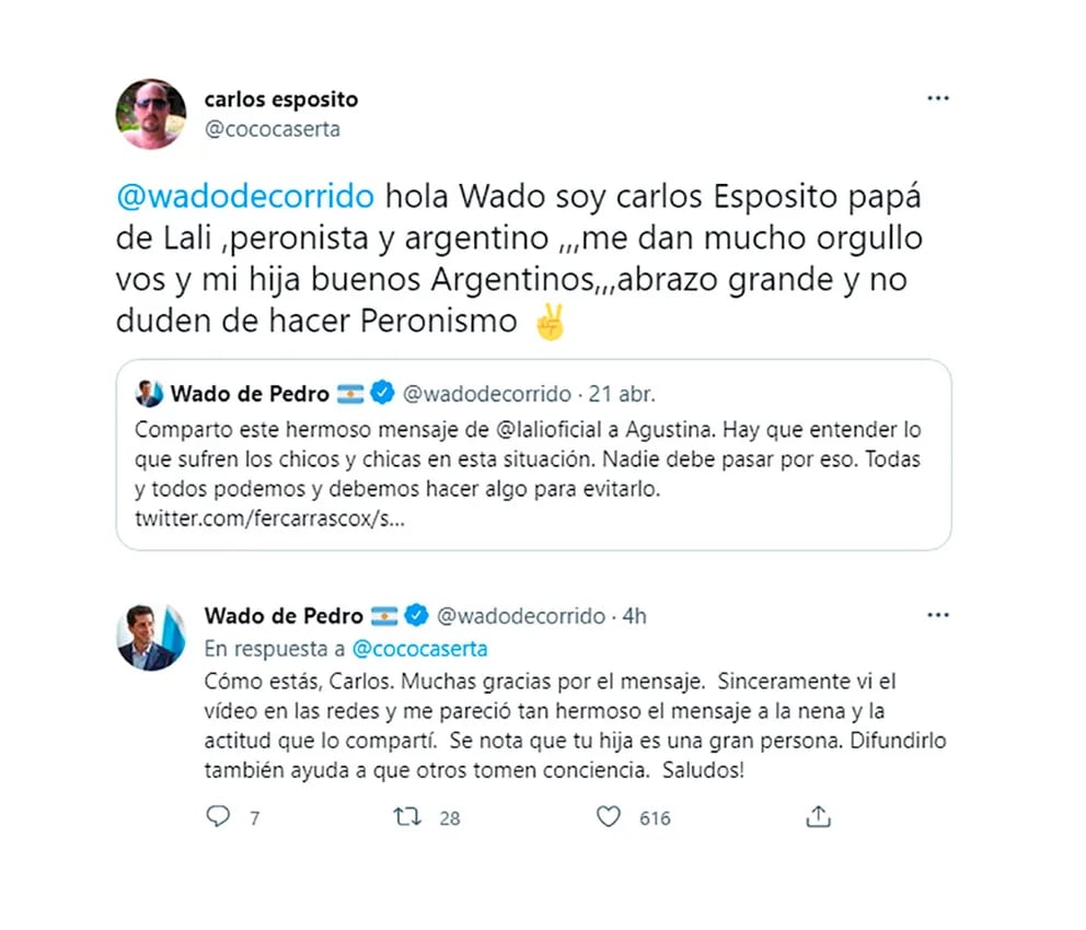 El intercambio tuitero entre Wado y el padre de Lali