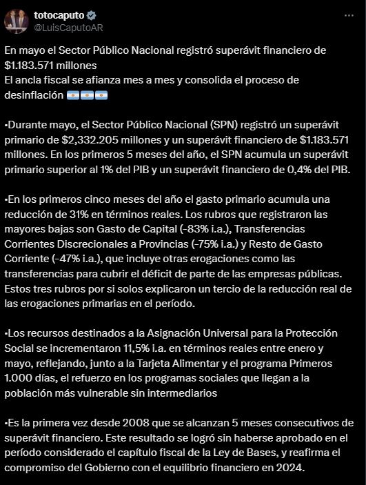 El Gobierno Nacional anunció que mayo cerró con un superávit financiero por $1.183.571 millones - X Luis Caputo