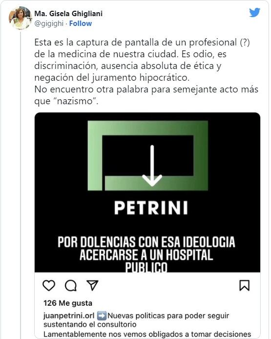 Una concejal kirchnerista cuestionó al médico que no quiere atender a peronistas (Twitter)