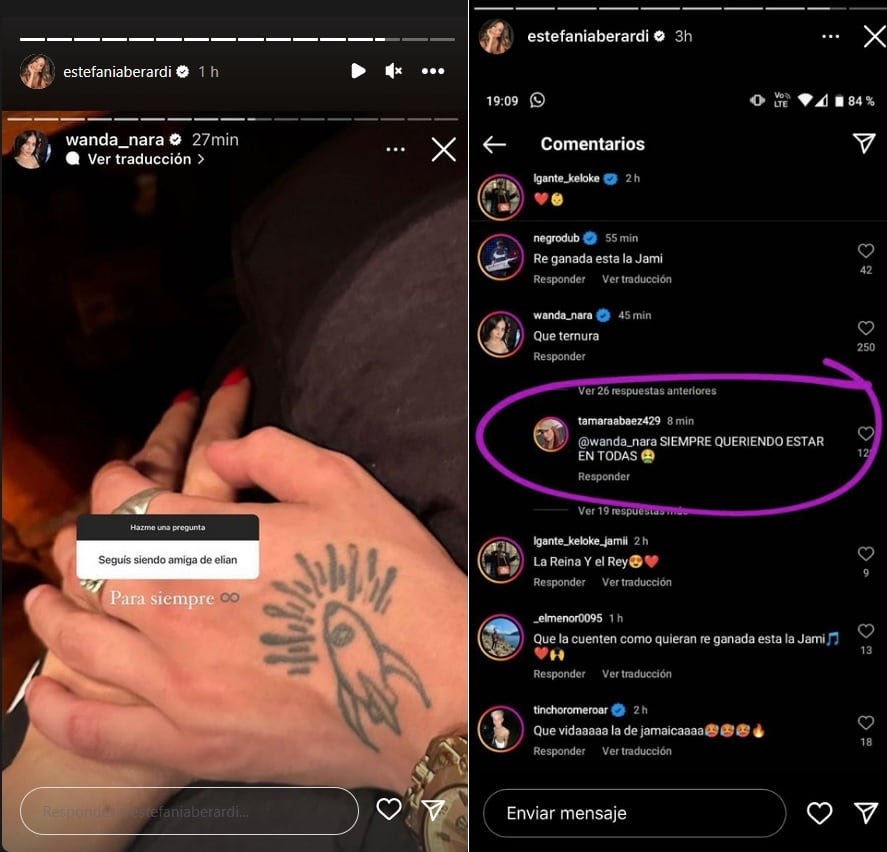 Las historias de Estefi Berardi sobre el comentario de Tamara Báez y la relación entre Wanda Nara y L-Gante. (Instagram @estefaniaberardi).