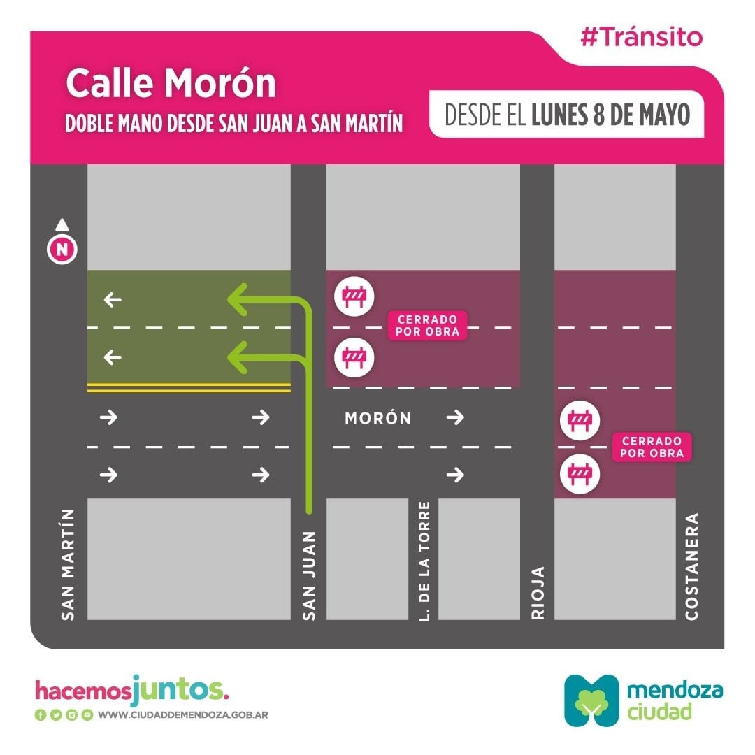 Ya está habilitada la modificación en la circulación vehicular de calle Morón, entre San Martín y San Juan. Gentileza: Ciudad de Mendoza.