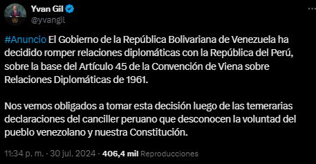 Yván Gil anunció que rompieron relaciones con Perú. Foto: captura.