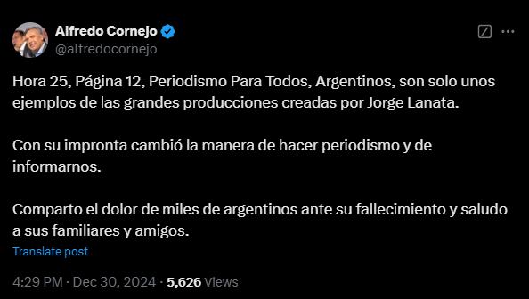 El gobernador de Mendoza se expresó en las redes sociales - X