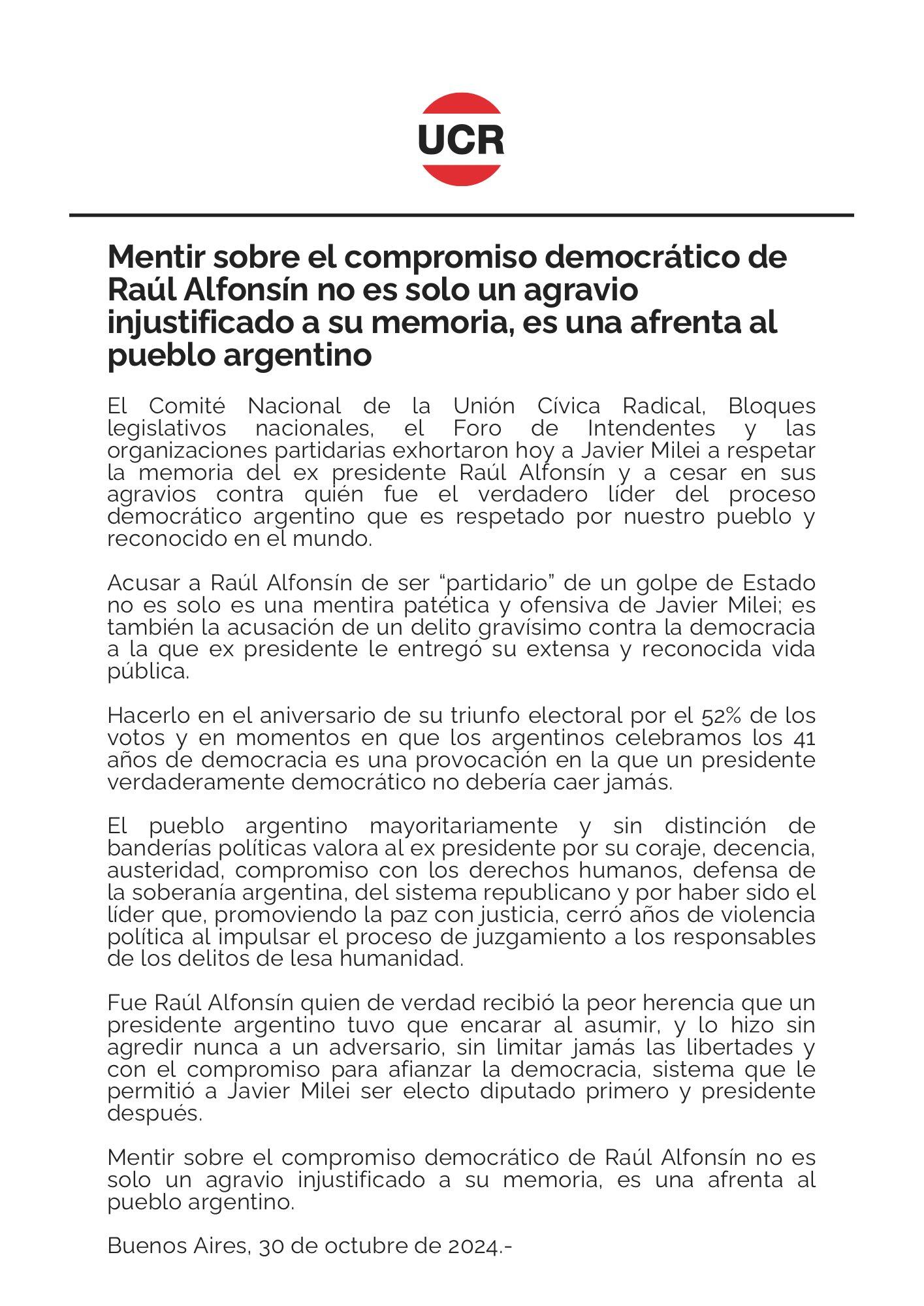 El comunicado de la UCR Nacional en contra de Javier Milei por sus ataques a Raúl Alfonsín.