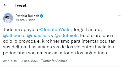 Patricia Bullrich repudió los dichos de Roberto Navarro.