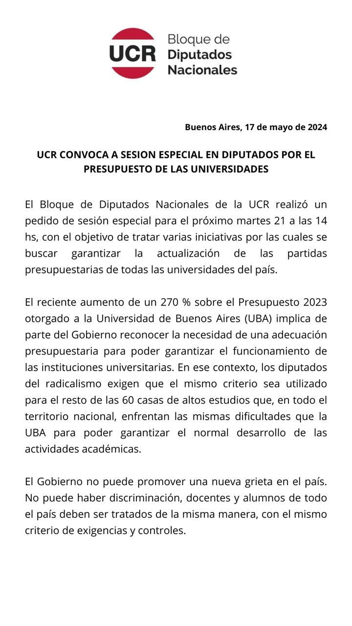 Comunicado de los diputados de la UCR.