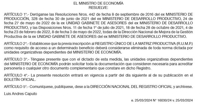 Parte final del Boletín Oficial sobre la derogación del RUMP. Captura: Boletín Oficial