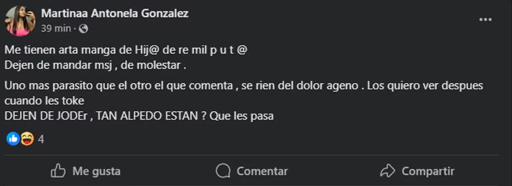 Posteos de la prima del ladrón muerto en La Plata. Captura: Facebook