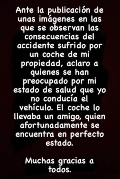 La publicación del futbolista refiriendo al accidente.