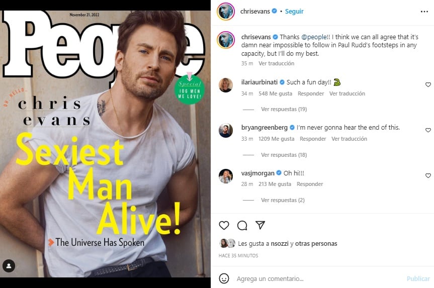 Chris Evans es el hombre vivo más sexy del 2022