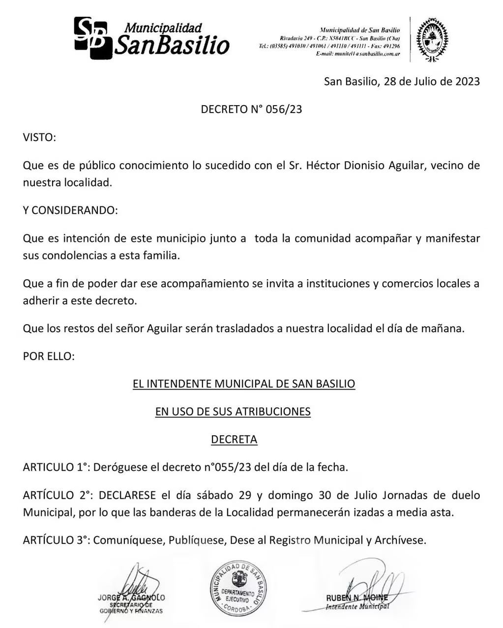 La Municipalidad de San Basilio decretó dos días de duelo por la muerte de Héctor Dionisio Aguilar. Foto: Gentileza Municipalidad de San Basilio