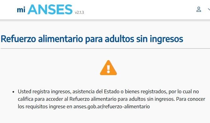 Por qué me rechazaron el refuerzo alimentario de $45.000: el mensaje que aparece en Mi Anses (Captura)