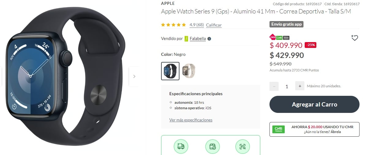 La tienda de Falabella ofrece un Apple Watch Series 9 (Gps) a un precio promocional de $409.990 chilenos.