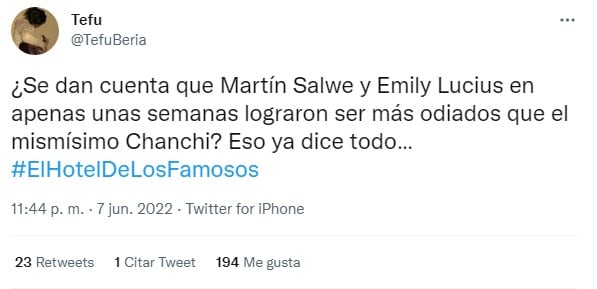 En las críticas a Martín y Emily, también la ligó Chanchi de rebote