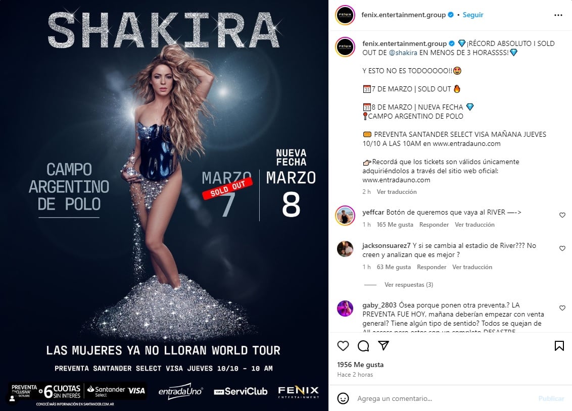 Shakira suma una nueva fecha en Argentina.