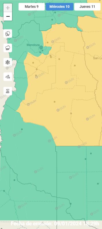 Mapa de alerta amarilla del Servicio Meteorológico Nacional para este miércoles 10 de enero. Foto: SMN