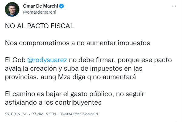 El diputado nacional Omar De Marchi criticó al gobernador Rodolfo Suárez.