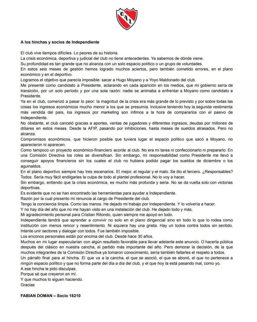 La carta de renuncia de Fabián Doman a la presidencia de Independiente de Avellaneda. / Gentileza.