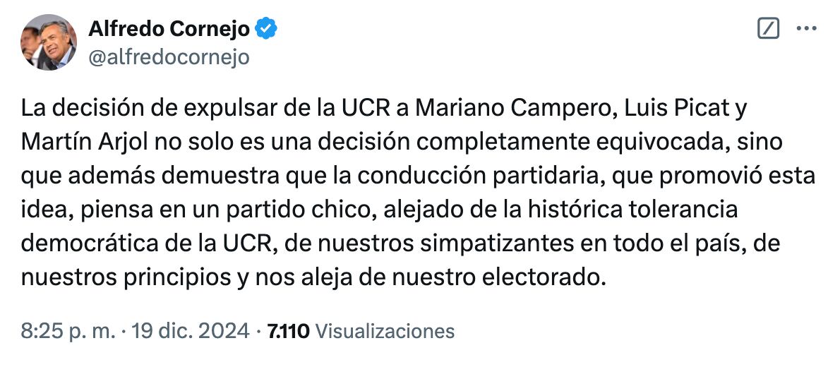 Alfredo Cornejo se sumó a las críticas de un sector de la UCR a la expulsión del partido a tres diputados