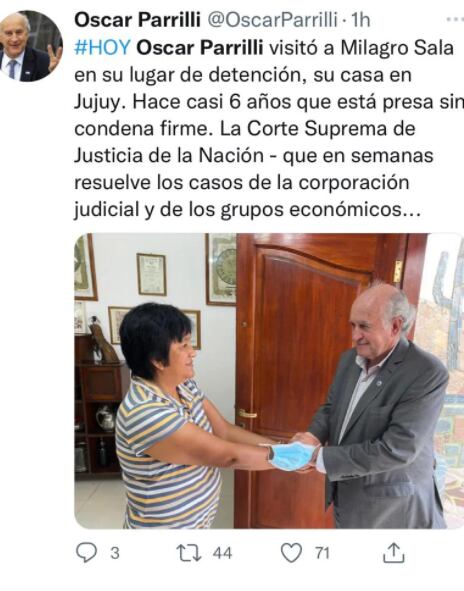 El mensaje de Parrilli en Twitter.