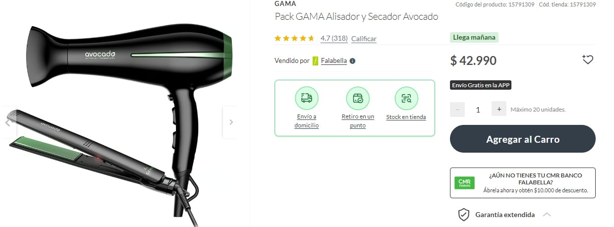 El pack GAMA Alisador y Secador Avocado se encuentra disponible en la tienda oficial de Falabella a $42.990 chilenos. 