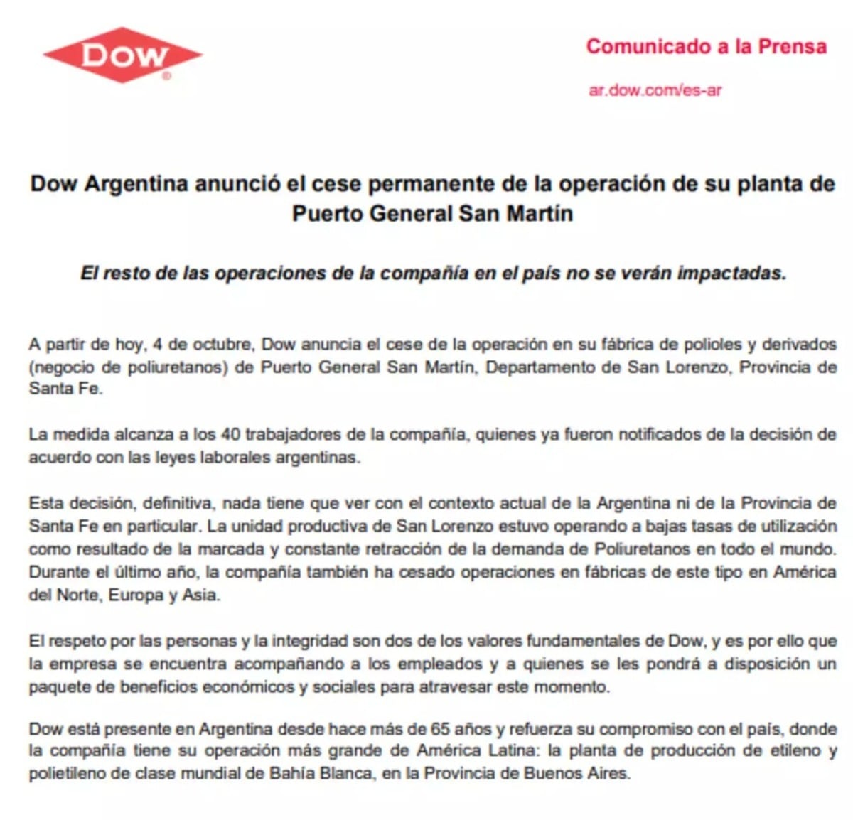 Comunicado oficial de Dow Argentina / Gentileza