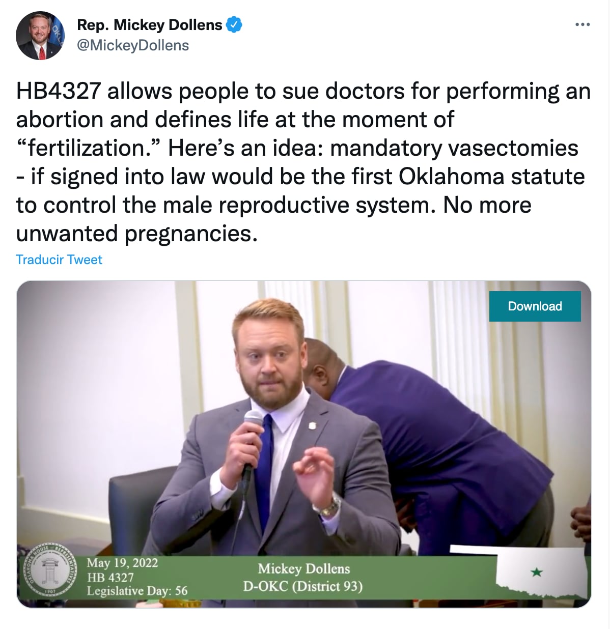 El senador demócrata Mickey Dollens propone vasectomías a adolescentes como contraproyecto tras la prohibición del aborto en Oklahoma, EE.UU.