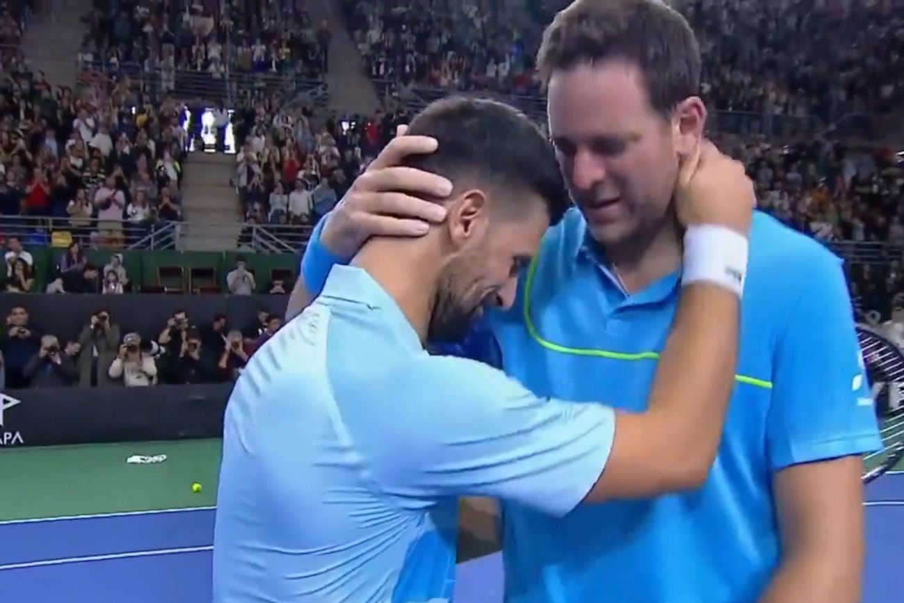 Abrazo entre Juan Martín del Potro y Novak Djokovic en el Parque Roca. (Captura de TV)