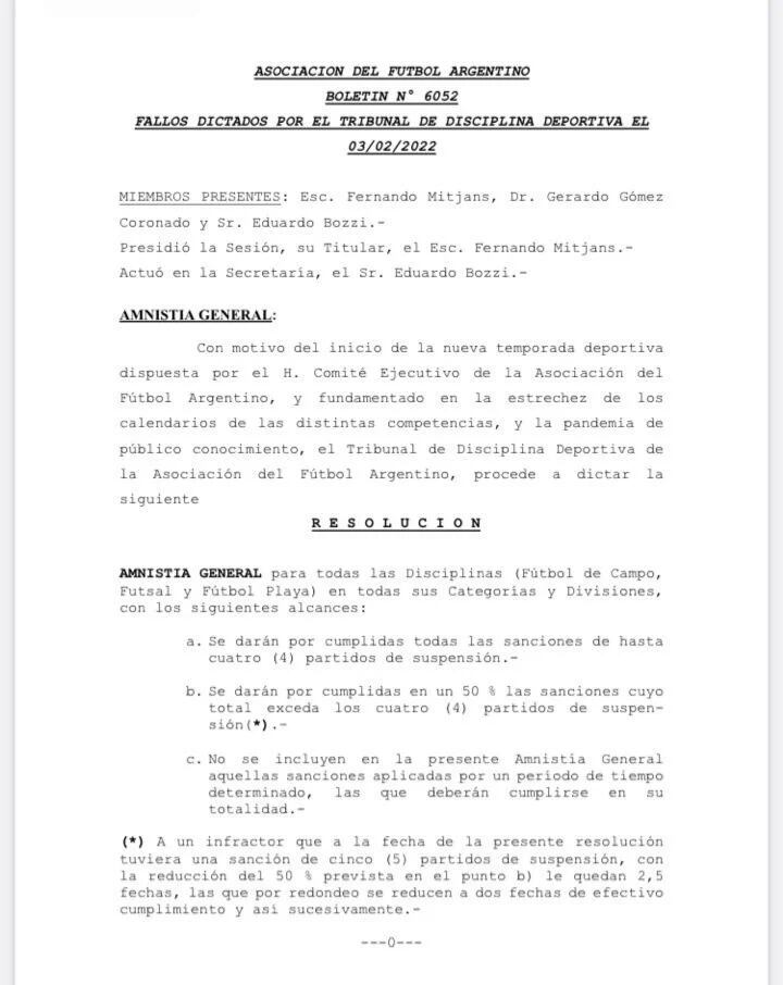 El Boletín del Tribuna: amnistía de AFA, se reducen las penas. / Gentileza.