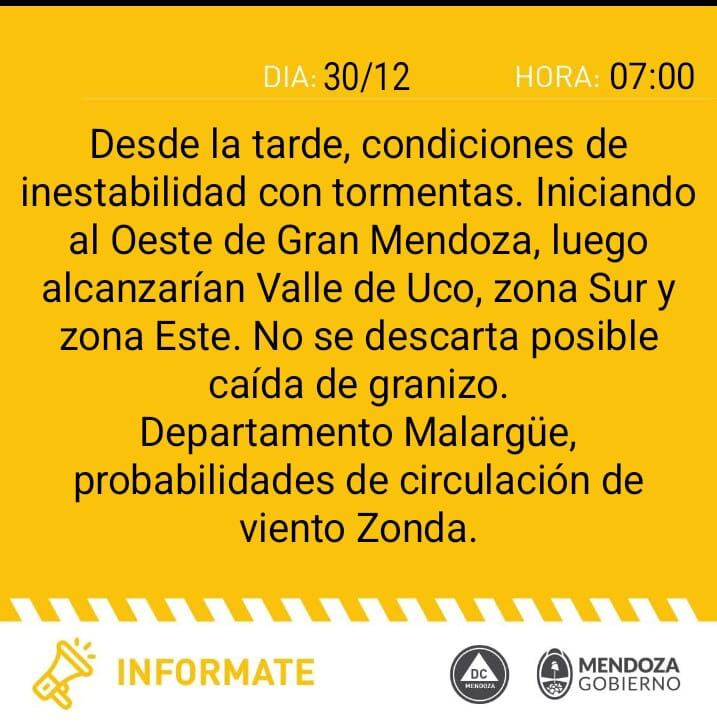 Alerta amarilla por tormentas y Zonda en Mendoza (Defensa Civil)