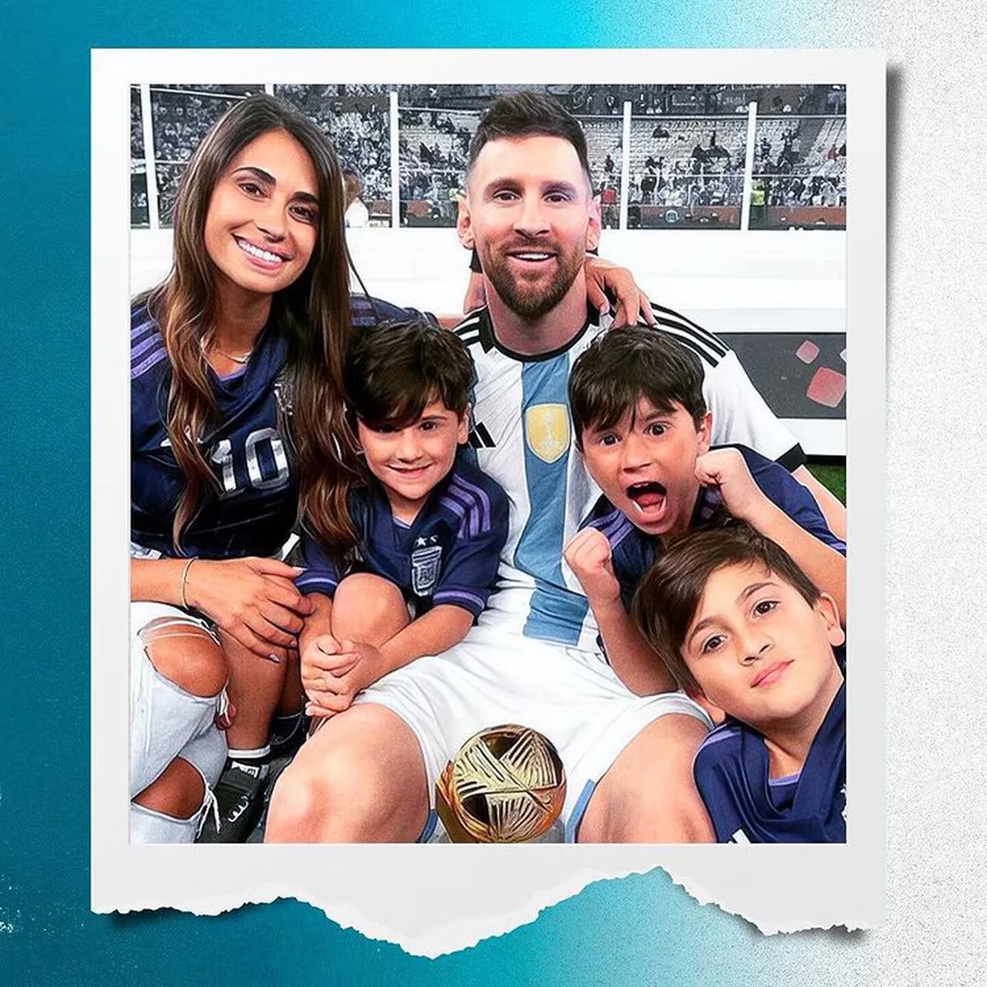 La última foto fue con su esposa, Antonela Roccuzzo, y sus tres hijos: Thiago, Mateo y Ciro. Gentileza: TN.