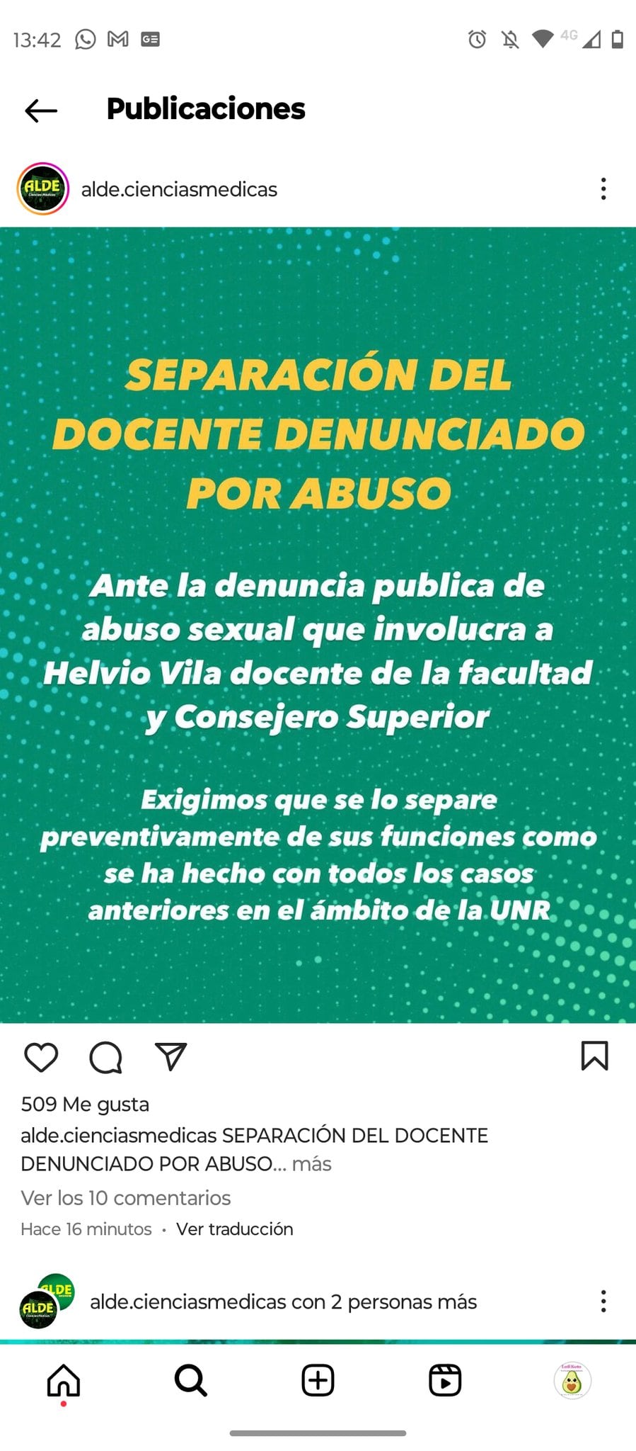 En las redes sociales replicaron la noticia sobre la denuncia a Helvio Vila,docente de la UNR. Captura: X / @Lulizta2628