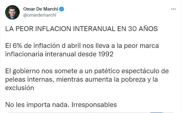 El diputado nacional Omar De Marchi calificó de "irresponsables" a quienes integran el Gobierno nacional.