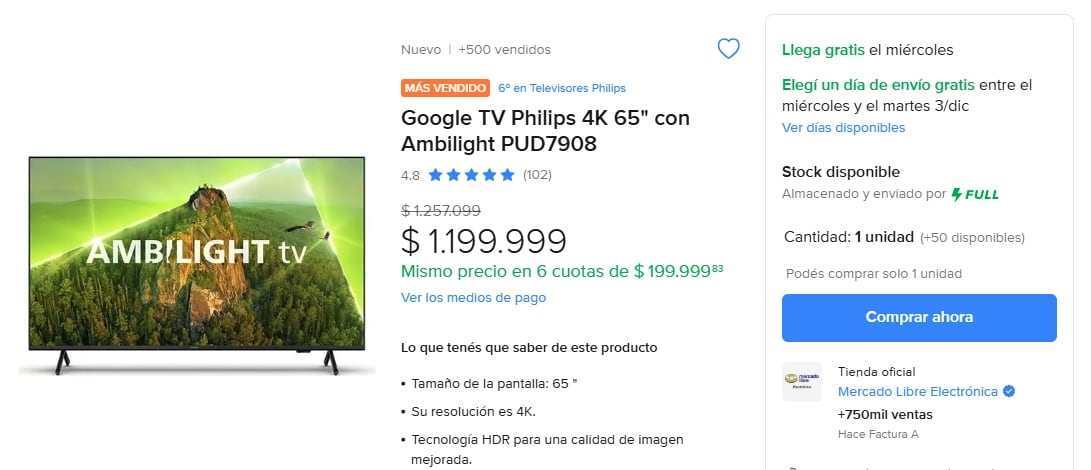 En contraste, en la página de Mercado Libre, el mismo modelo de televisor tiene un precio de $1.199.999.