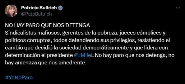 El tuit de Patricia Bullrich contra el paro general en X. Foto: captura.