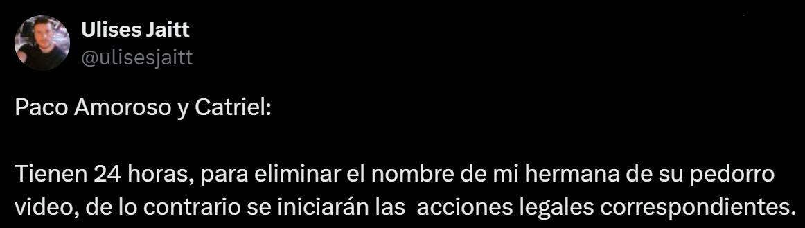 El posteo de Ulises Jaitt por la canción de Paco Amoroso y Catriel. Captura: X / @ulisesjaitt