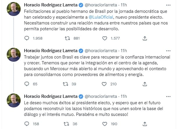 El hilo de Horacio Rodríguez Larreta dedicado a Lula da Silva (Twitter)