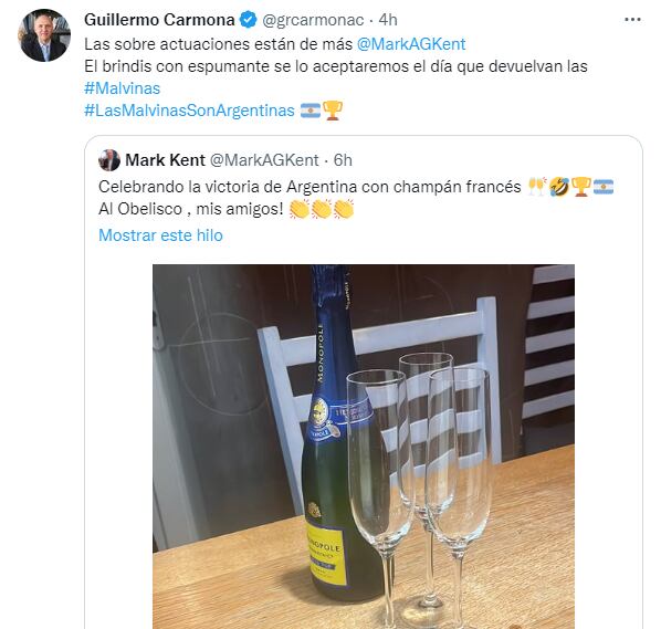 El funcionario nacional, Guillermo Carmona, criticó al ex embajador británico por su saludo a Argentina después de ganar la Copa del Mundo.