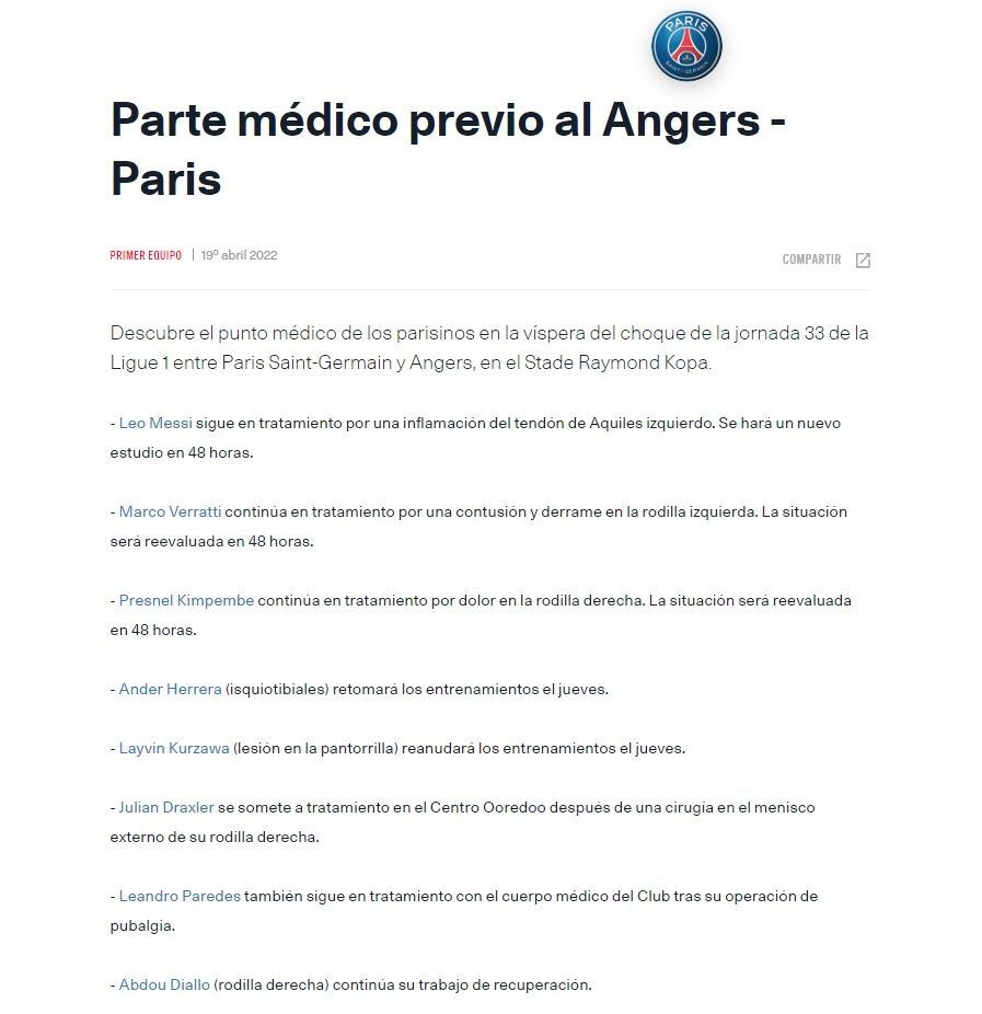 Parte médico del PSG donde confirma que Messi no podrá jugar mañana, en el partido decisivo.