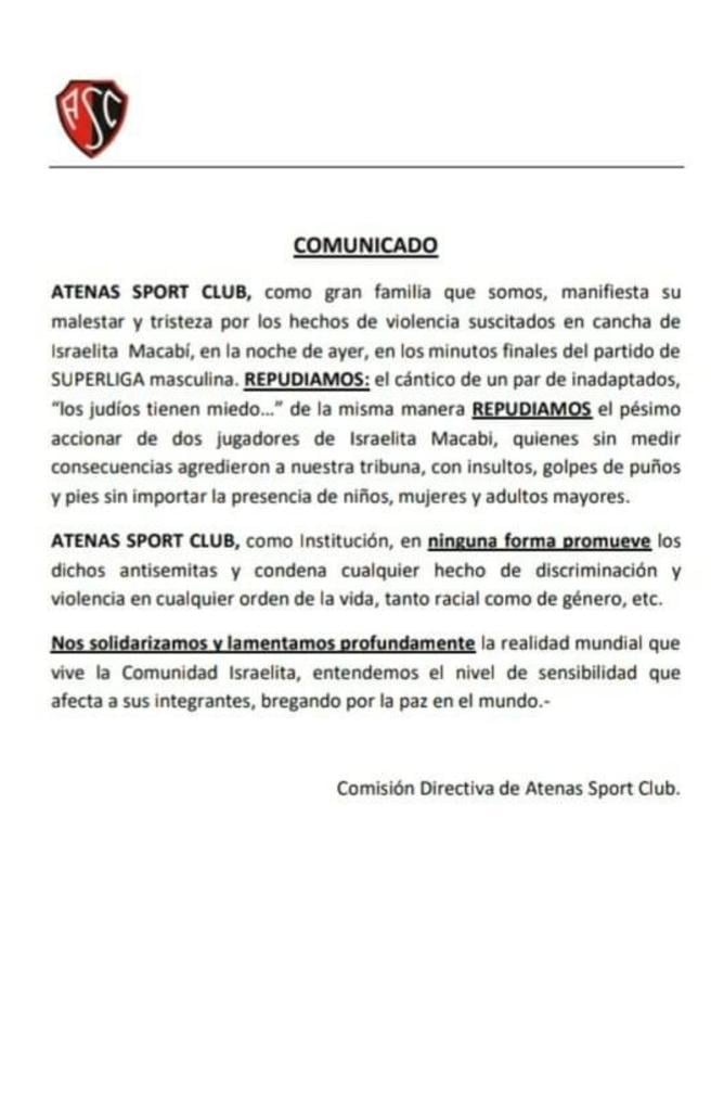 El comunidado de Atenas Sport Club.