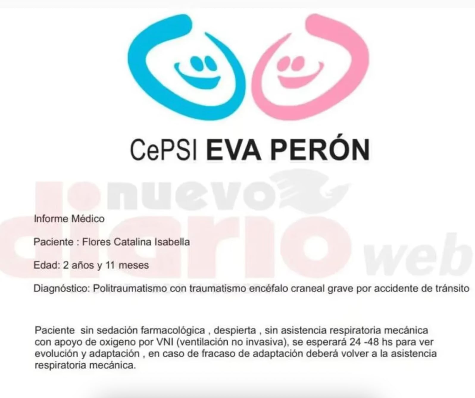 El parte médico que emitió CePSI informando sobre la salud de Catalina, la hija de Huguito Flores. Foto: Nuevo diario web