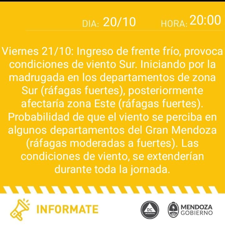 El organismo alertó por el ingreso de viento sur y fuertes ráfagas.